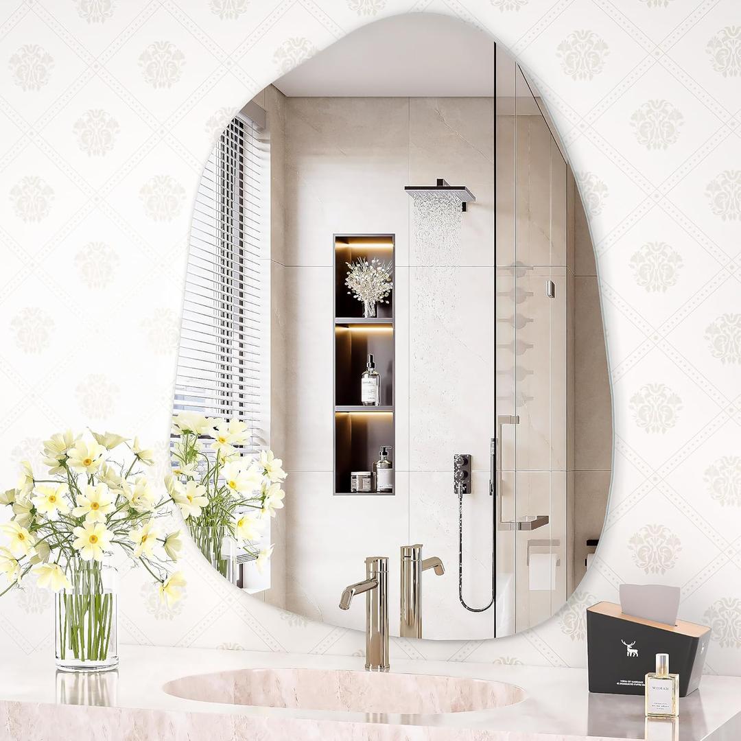 Hasipu Irregular Wall Mirror Asymmetrical Mirror, 32 x 24 Decorative Unique Frameless Mirror for Bedroom Bathroom Living Room Entryway, Modern Wall Decor, Wall Mouted