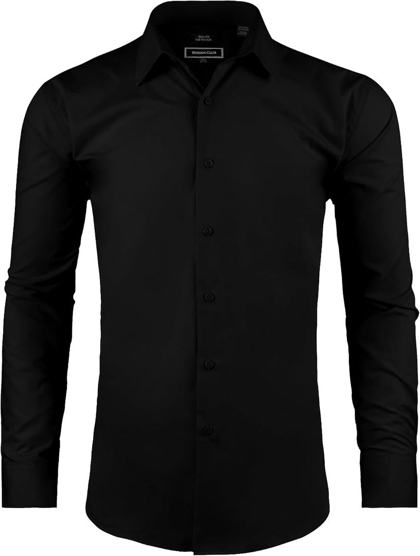 Men's Dress Shirt Slim Fit Long Sleeve Full Stretch Wrinkle-Resistant Business Casual Solid Button Down Shirts (15" Neck 32"-33" Sleeve, Black)