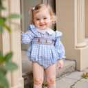 Adobabirl Infant Baby Girl Outfit Newborn Bow Bubble Romper Long Sleeve Embroidery Jumpsuit Cute Smocked Clothes (Blue)