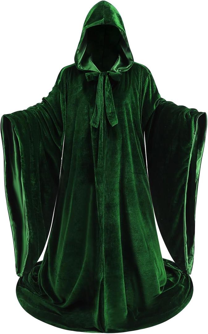 Colorful House Unisex Deluxe Full Length Hooded Wizard Cape Velvet and Stain Double Deck Cloak Halloween Cosplay (170CM/67", Green Black)