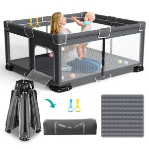 Foldable Playpen for Babies and Toddlers, 59x71 Inches Portable Playpen, Kids Collapsible Play Pen with 2 Handlers, Indoor & Outdoor Baby Fence Play Area with Visible Mesh, Dark Gray