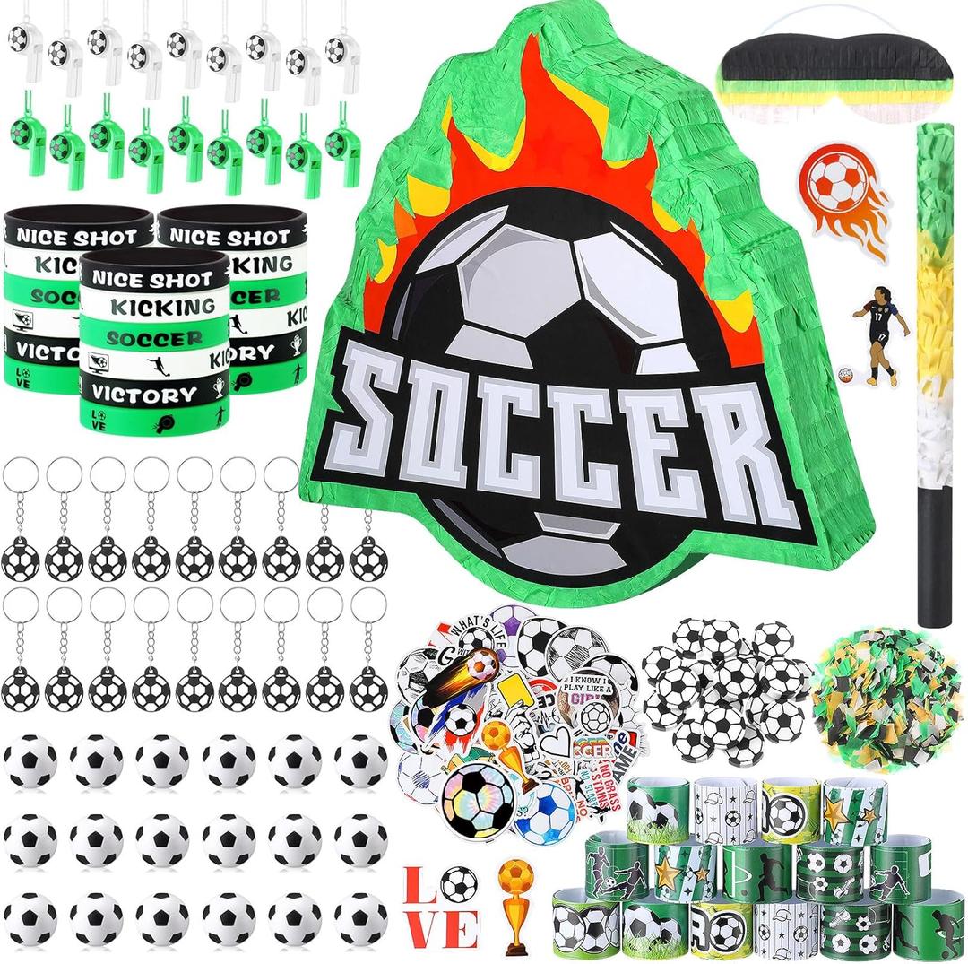 Hollowfly 162 Pcs Soccer Piata Soccer Party Favors with Blindfold Confetti Bat Mini Stress Balls Keychains Wristbands Whistles Eraser Slap Bracelet Stickers Sports Piata Birthday Party Decorations