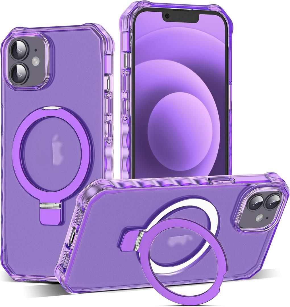 for iPhone 12/12 Pro Case with Magnetic Stand [Compatible with Mag-Safe] [Military Drop Tested] Translucent Matte 12/12 Pro Cover with Good Grip Curly Wave Edge for Women 6.1'', Purple