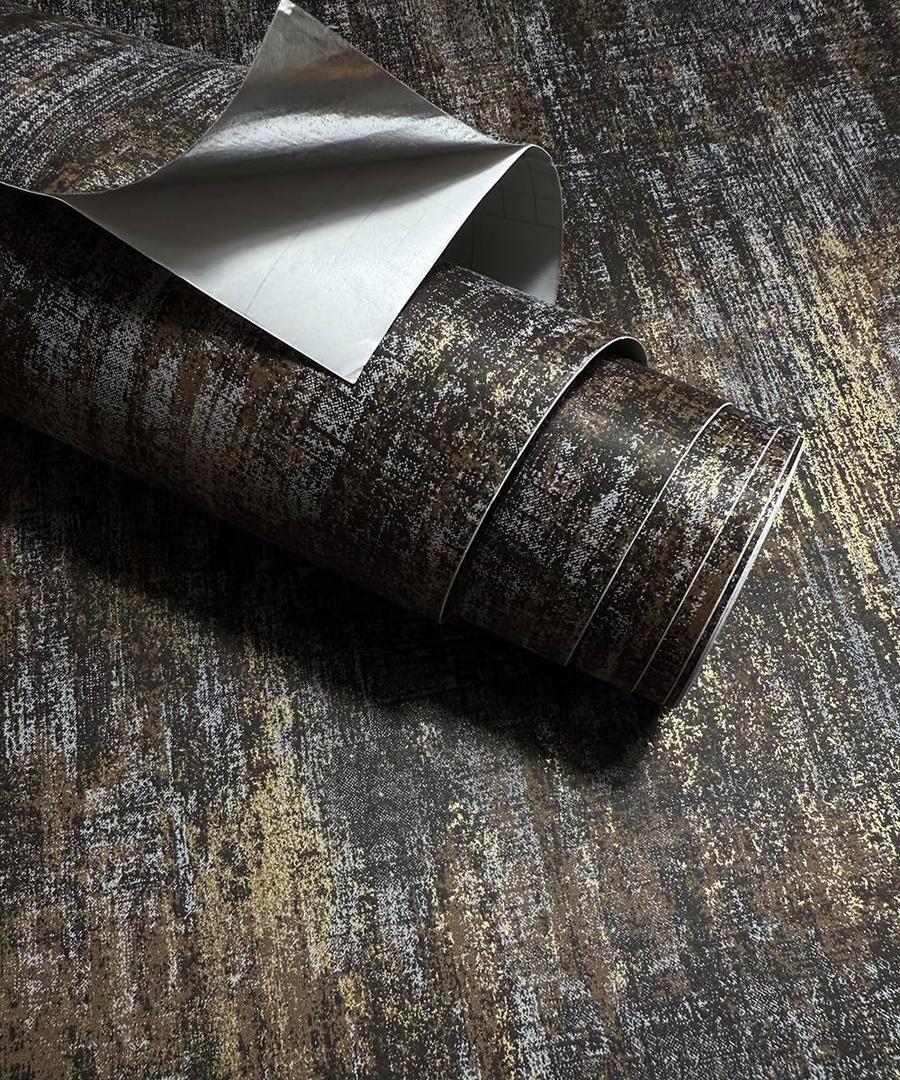 Classic Charcoal Gold Wallpaper Distressed Metallic Wallcovering Peel and Stick Wall Paper Texture Self Adhesive,20.5 in.W X 236.0 in. L