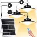Solar Pendant Lights Outdoor,3 Heads Solar Shed Light Dimmable with Motion Sensor,Solar Powered Lights with Upgrade 5 Lighting Modes & Remote Control for Shed,Patio,Barn,Garage,Chicken Coop (Warm White)