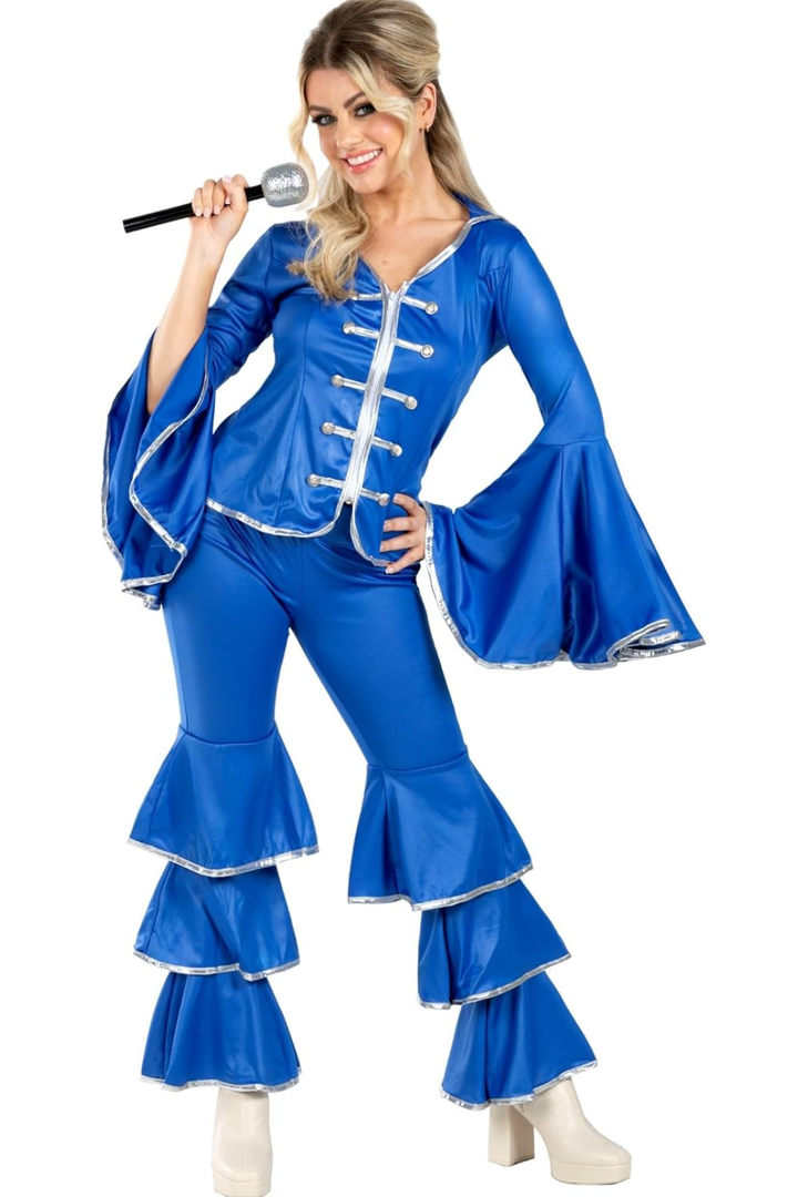 fun shack 70 Disco Costume for Women Blue Flares, Disco Queen Jumpsuit, Retro Dance Outfit for Parties, XXL