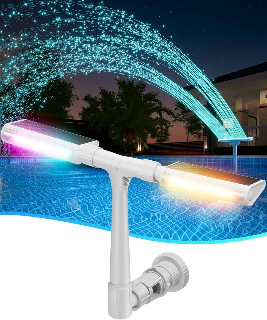 Solar Pool Fountain with 10-Color Lights  Auto Light Sensing, Remote-Controlled, Dual-Head Adjustable Sprinkler, Compatible with Above/Inground Pools