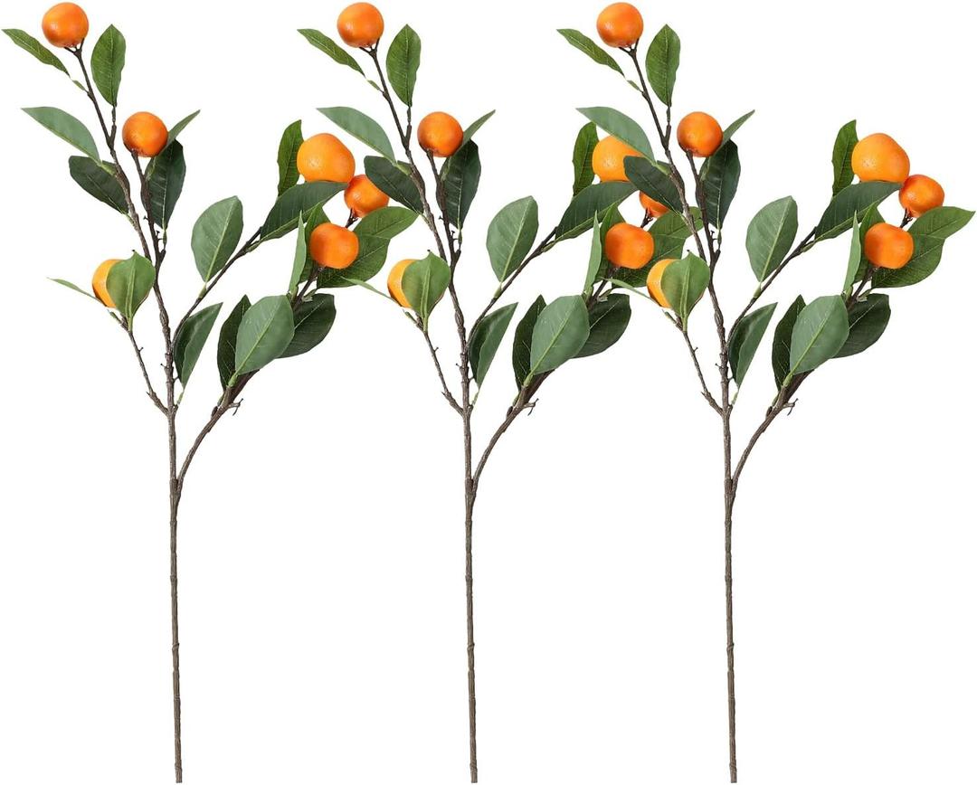 Artificial Orange Branches, 3Pcs Tangerine Branches, 25 Inch Realistic Faux Oranges Fruit with Green Leaves, Decorative Orange Branches for Vase Home Party Decoration