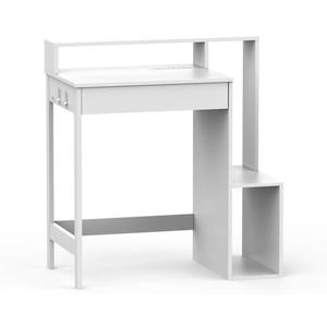 Haotian Desk with Power Outlet, Small Computer Desk with Drawer and Open Storage Shelves, Modern Study Writing Desk with Side Hook for Bedroom or Home Office, White FWT111-W