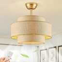 20" Boho Gold Caged Fandelier Ceiling Fan with Light and Remote, Enclosed Reversible 6-Speed Rattan Ceiling Fan with 1/2/4H Timer for Bedroom, Living Room, Kitchen