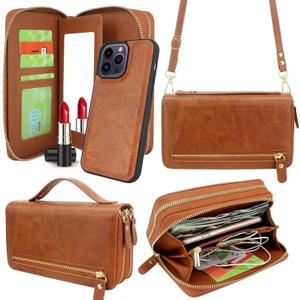 Harryshell Compatible with iPhone 14 Pro Max 6.7 inch 2022 Case Wallet Multi Zipper Detachable Magnetic Cover Purse Bag with Card Slots Mirror Crossbody Chain Wrist Strap (Light Brown)