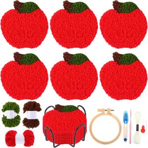 Hahafelt 6 Pcs Punch Needle Coaster Kit for Beginners Apple Patterns Teacher Appreciation Gift Embroidery Craft Supplies with Yarns Tool Adhesive Felt Embroidery Hoop Instruction Holder for DIY Craft