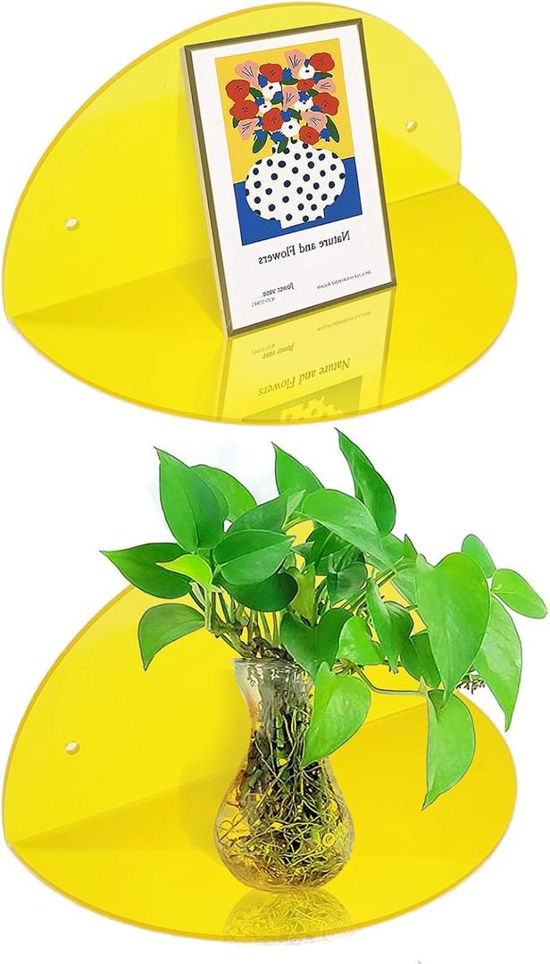 ROYALITA Small Acrylic Shelves Room Decor Floating Shelves (2-Pack, 8-inch Diameter) - Wall Mounted Display Stand for Plants, Toys, Makeup, and More - Ideal for Home and Office, Yellow
