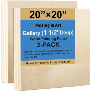 Falling in Art 2 Pack Unfinished Wooden Canvas Panels, 20x20 Gallery Birch Wood Panels Kit, 1 1/2" Deep Art Cradle Boards for Acrylic Painting, Pouring and Burning