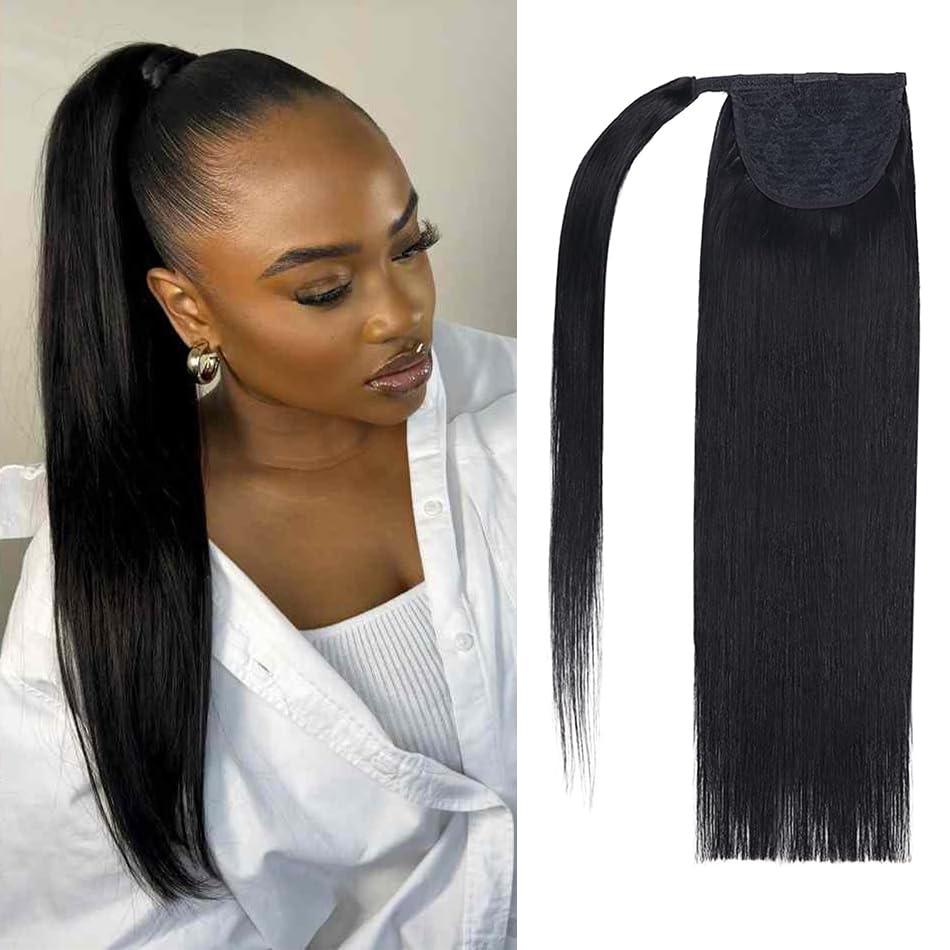 18"Human Hair Ponytail Wrap Around Clip in Ponytail Hair Extensions for Women Jet Black(#1) 100g/3.5oz
