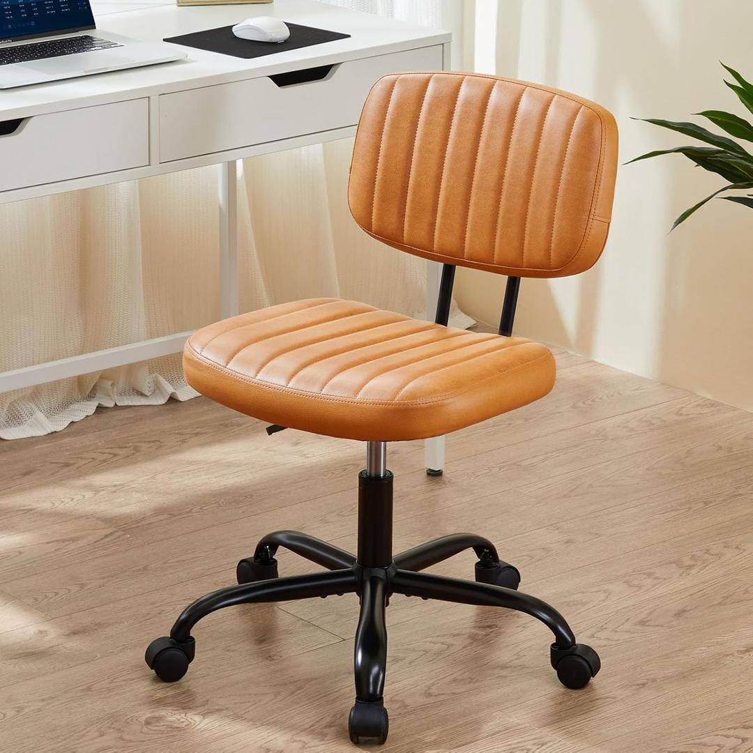 Sweetcrispy Small Office Desk Chair with Wheels Armless Comfy Computer Chair with Lumbar Support, PU Leather Low Back Adjustable Height 360 Rolling Swivel Task Chair Without Arm for Home, Bedroom (Brown)