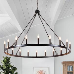 47.2 inches Black Wagon Wheel Chandelier- 20 Light Large Farmhouse Chandelier Industrial Rustic Dining Room Light Fixture Round High Ceiling Pendant Light for Living Room Entryway Foyer