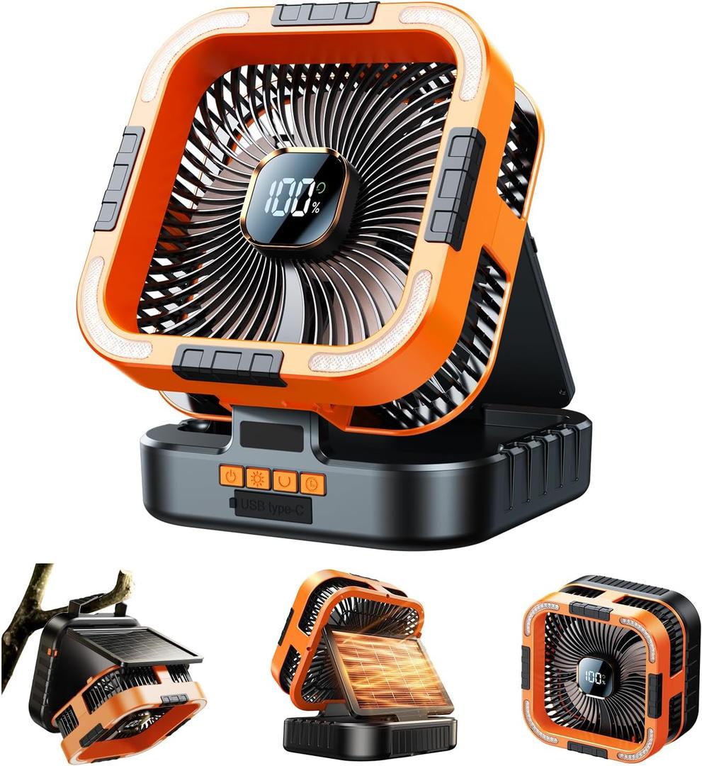Solar Camping Fan with Light-10000mAh Rechargeable Portable, 6 Speeds, Digital Display, Timer, 120 Oscillation, Cordless Battery Powered Fan for Home Outdoor Tent Travel BBQ Fishing (Orange)