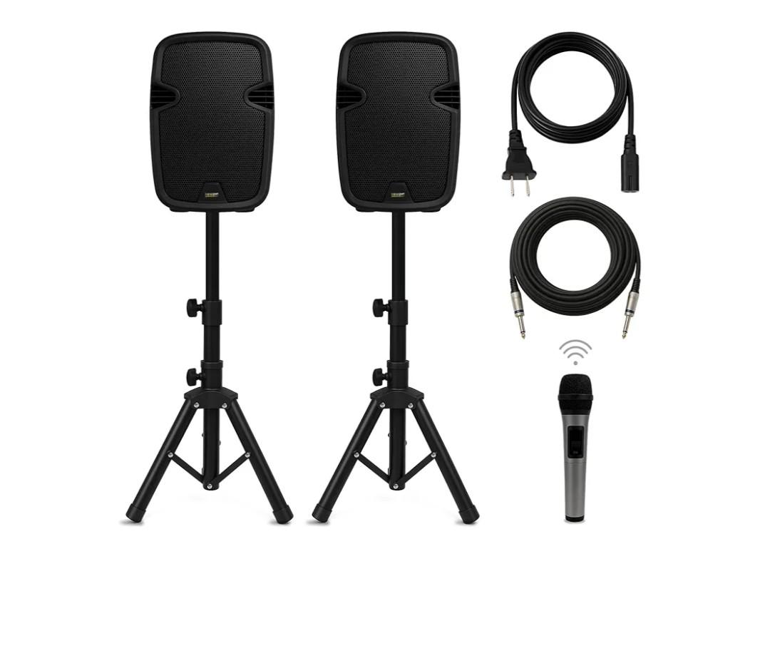 Bowens 8-Inch Bluetooth PA Speaker Set – Portable Speakers Bluetooth Wireless Microphone with Stands and Cable – Party Speaker & DJ Speakers Outdoor Sound System, PA System Set for Events, Karaoke