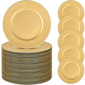 50 Pcs Gold Charger Plates Bulk, 13" Round Beaded Plate Chargers for Dinner Plates, Decorative Dinner Chargers Plastic Table Chargers for Wedding Holiday Party Baby Shower Event Decoration (Gold)