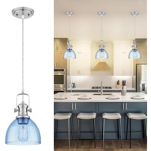 Pendant Lights Kitchen Island, 7.5" Farmhouse Pendant Lighting with Blue Seeded Glass Shade, Vintage Hanging Light Fixtures for Dining Room, Brushed Nickel Finish, AD-22151-1P-SN-BL