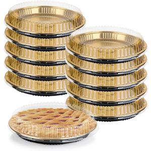 10 Pcs Disposable Pie Carrier with Clear Lid 12.4 Inch Round Pie Carrier Pies Holder with Lids for Cake Pizza Candy Salads Meal Prep, Gold