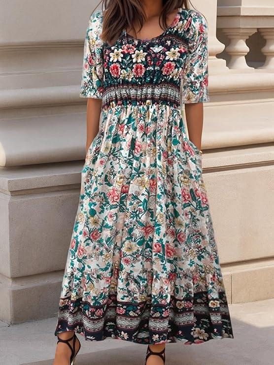 Women's Summer Boho Dresses Floral Printed Midi Dress Flowy A Line Casual Short Sleeve Sundress Beach with Pockets