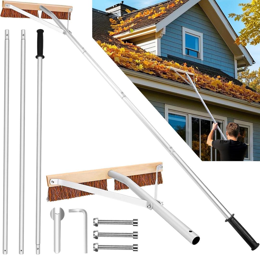 Leaf Roof Brush and Roof Rake, Adjustable Length Roof Cleaning Tool, Remove Roof Leaves Safely, with Natural Brush Head, Lightweight, Easy to Use & Store (21ft)