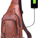 BULLCAPTAIN Genuine Leather Sling Bag with USB Charging Port Multi-pocket Chest Bag for Men Hiking Travel Daypack XB-129