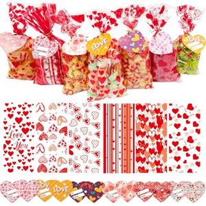 JQAQJU 150 PCS Valentine Gift Bags Valentines Cellophane Treat Bags Bulk for Kids Goodie Candy With 36 PCS Gift Tags & 200 PCS Twist Ties for Valentines Party
