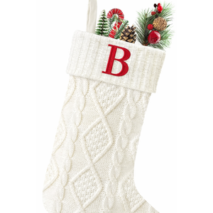 Senneny Christmas Stockings with Initials, 20” Large Embroidered Monogram Knitted Stockings for Family, Kids, Xmas Holiday Party Gifts & Decoration for Fireplace, White, Letter B