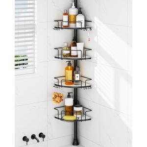 ALLZONE Corner Shower Caddy Tension Pole, 4 Hang-On Basket with Mixed-Height Shelves for Various Bottle Sizes, Extra Hooks & Soap Holder, Rustproof Stainless Steel, Fits 34116 Inch, Black/White