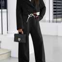 Fisoew Women's 2 Piece Outfits Casual Crop Blazer Jackets Loose Wide Leg Pants Fall Dressy Business Work Suit Sets (Black)