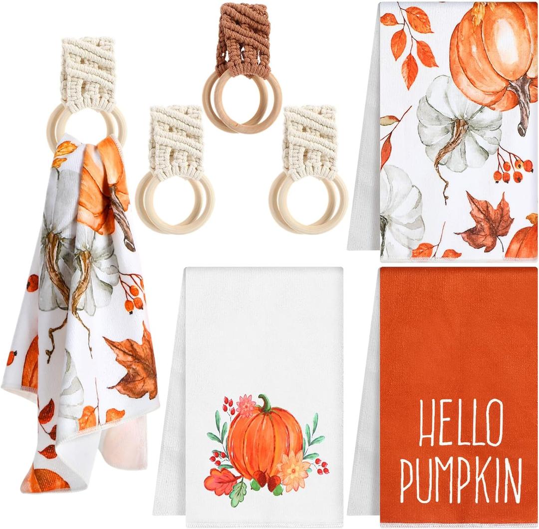 6 Pcs Thanksgiving Kitchen Decor Include 3 Fall Pumpkin Dish Towels and 3 Dish Towel Holder Boho Crochet Towel Ring Fall Decoration Set for Oven, Fridge, Housewarming Gifts, 16"x28"