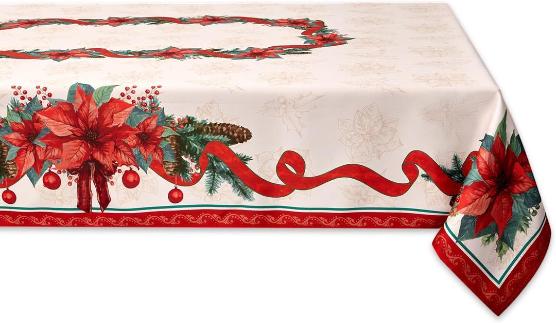 YiHomer Poinsettia Ribbon Engineered Printed Fabric Christmas Tabletop for Xmas Winter Holiday, Christmas Time, Tablecloth, 60 x 102 Rectangle