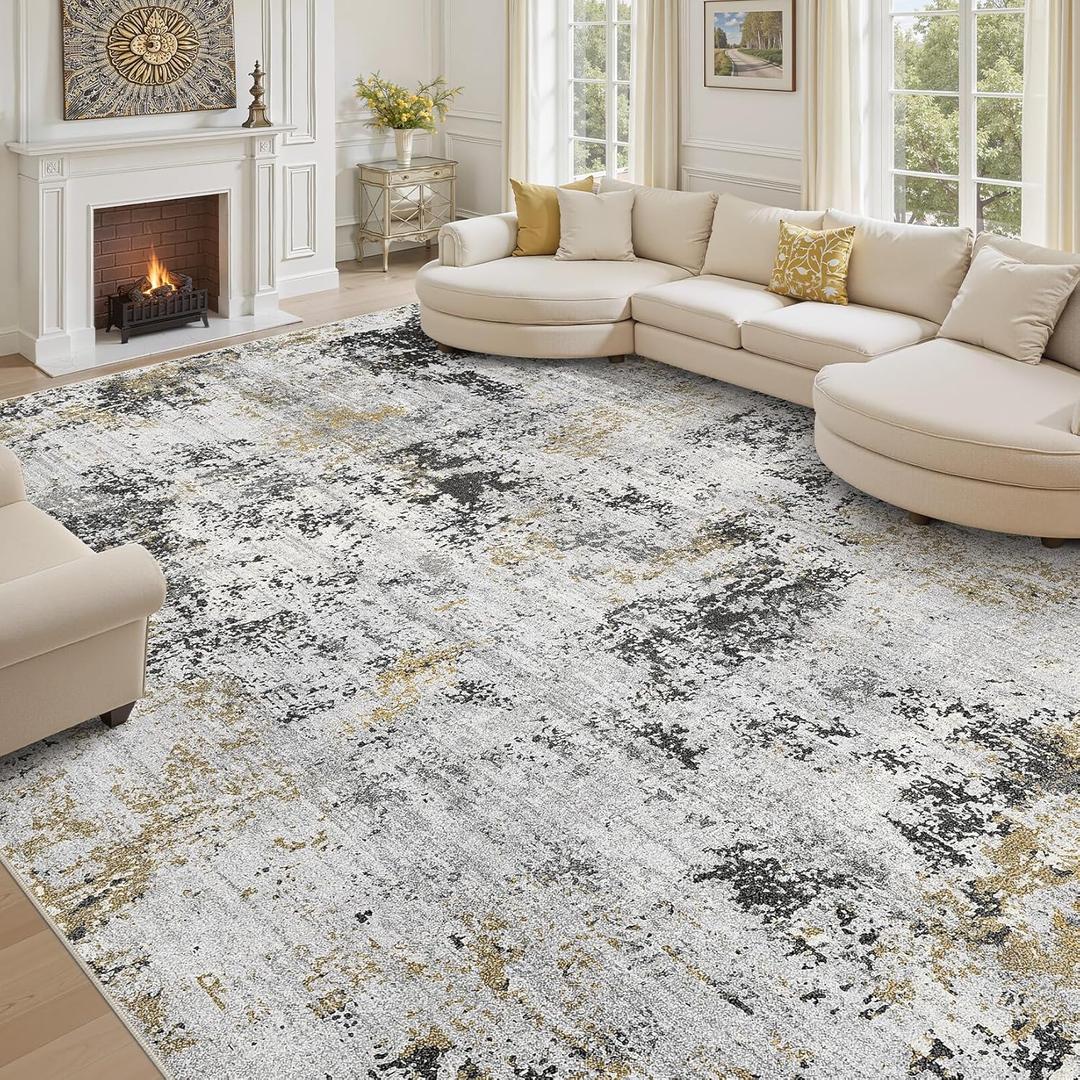 10x14 Area Rug for Living Room: Machine Washable Low Pile Soft Rug Non-Slip Rugs for Bedroom Nursery Dining Room | Stain Resistant Skinny Indoor for Pet Owners Families & Kids, Brown Gray