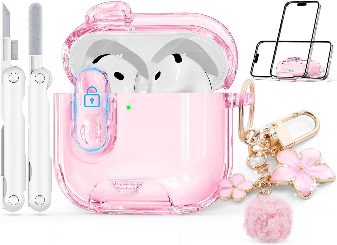Clear Case for AirPods 4 Case Cover with Safety Lock,Soft TPU Cover with Phone Stand & Cleaning Kit,Cute Bling Keychain for Women Girls-Clear Pink