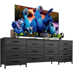 EKNKOZY TV Stand with 14 Drawers, Long Dresser for TV Up to 75 Inch, Wide Chest of Fabric Dresser for Bedroom, Entertainment Center TV Stand with Deep Drawers (63 inch, Black)