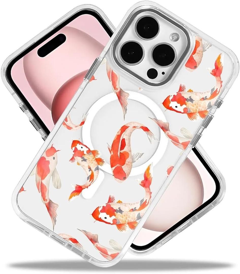 Case for iPhone 15 Pro,Compatible with MagSafe,Koi Fish for Women Girls Slim Cute Hard Back Shockproof Phone Case for iPhone 15 Pro,White