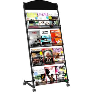 Brochure Display Stand 4 Layer Floor-Standing Magazine Rack Literature Newspaper Catalog Display Holder with Wheels and Top Billboard for Exhibitions,School, Hotel, Hospitals, Offices (Black)