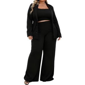 IyMoo Women Plus Size Pants Suits 3 Piece Set Long Sleeve Blazer Pants Suit Sets Dressy Business Casual Office Work Outfits (Black)