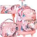 3Pcs Rolling Backpack for Girls Women, 19 Inche Adults Roller Bag with Wheels, Flower Wheeled Bookbag with Lunch Box(Pink)