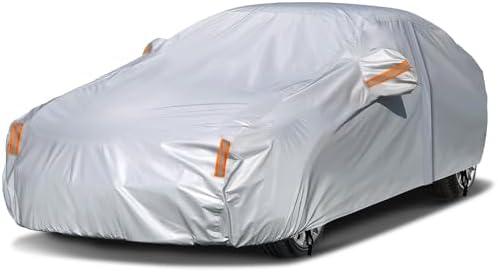 NEVERLAND Sedan Car Cover Waterproof Heavy Duty All Weather Protection Snow Anti-UV Windproof Outdoor Full Car Cover Fit for Automobiles BMW/Mercedes-Benz/Honda (172-183 inch) Silver