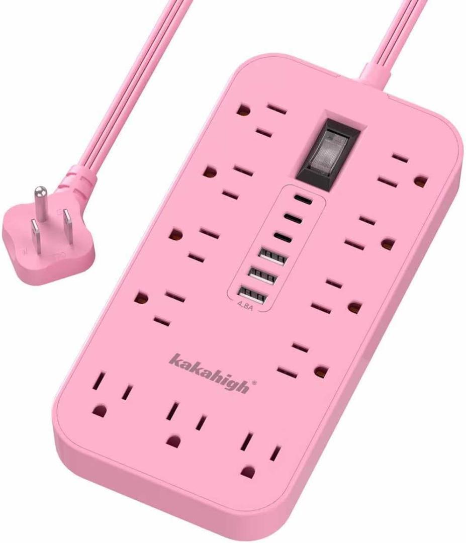 Pink Extension Cord with Multiple Outlets- 5 FT Kawaii Power Strip, Cute Extension Cord with 11 AC Outlet 6 USB (24W/4.8A), Charging Station for Cute Pink Kawaii Desk Home Room Decor Essentials Gifts