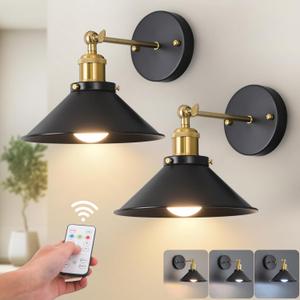 Black & Gold Vintage Rechargeable Battery Operated Wall Sconces, Cordless Battery Powered Led Wall Lights Set of 2, Wall Lamp Fixture Indoor with Remote Control for Bedroom Farmhouse Gallery