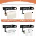 Paper Towel Holder Wall Mount for Kitchen, One-Handed Tear, Bathroom Paper Towel Holder with Shelf, RV Paper Towel Rack Wall Mount Paper Roll Holder with 4 Hooks, Matte Black