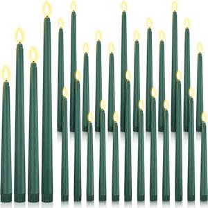 Rossesay 24 Pcs Flameless LED Taper Candles Battery Operated Candles 8.58'', 9.69'', 10.98'', 12.91'', 12.8'' Flameless Candlesticks Flickering for Halloween Christmas Church Wedding (Green)