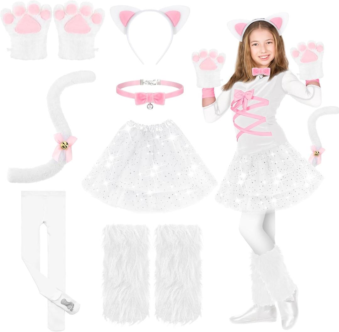 Haull 8 Pcs Halloween Kitten Cat Costume Accessories Girl Cat Ear Tail Gloves Bell Choker Necklace Tights Skirt Calf Sleeves (Large, White and White)
