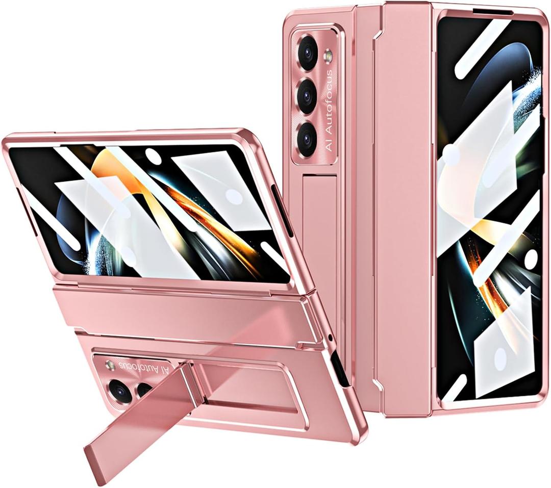 Case for Samsung Z Fold 5 5G 2023, One-Piece Upgraded Hinge Protection Case with Kickstand Anti-Scratch Protective Cover (Rose Gold)