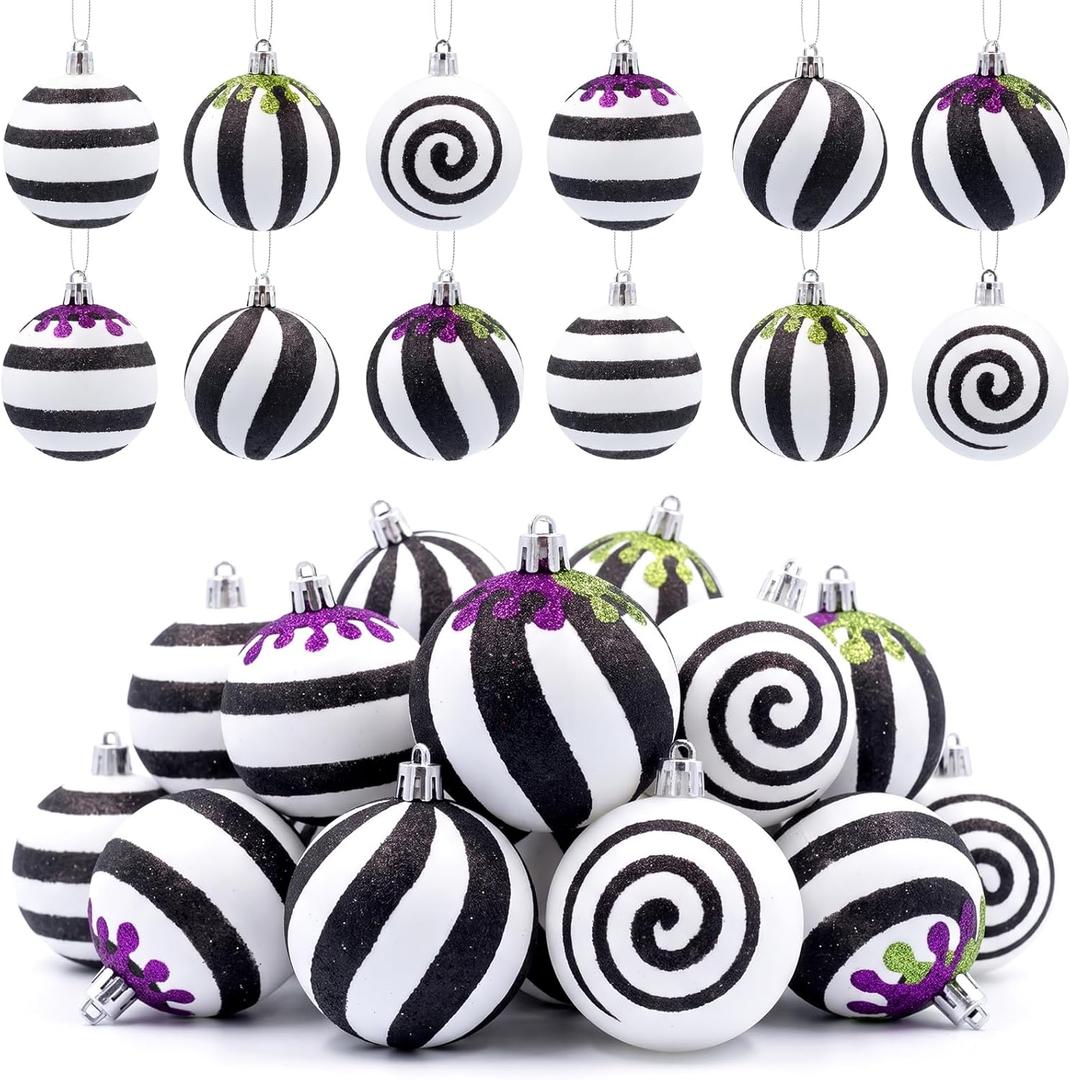 24Pcs Gothic Black and White Christmas Ball Ornaments Spooky Tree Hanging Balls with Purple Green Glitter Drips 2.36 Inch Stripe Dot Hanging Ornaments for Halloween Xmas Tree Nightmare Party Supplies